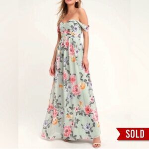 *SOLD!* Lulu’s Harmonious Love Mint Floral Print Off-the-Shoulder Maxi Dress